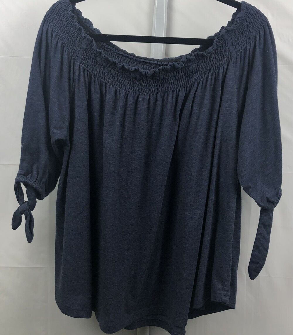 Lane Bryant Top Women 14/16 Blue Cotton Blend Stretch Ruffle Short Sleeve Ties